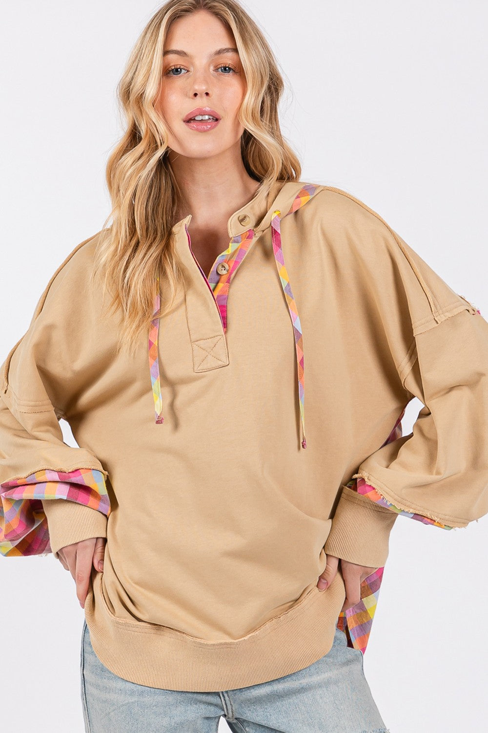 Plaid Print Croissant Washed Hoodie - ThingsWeUseAndLove