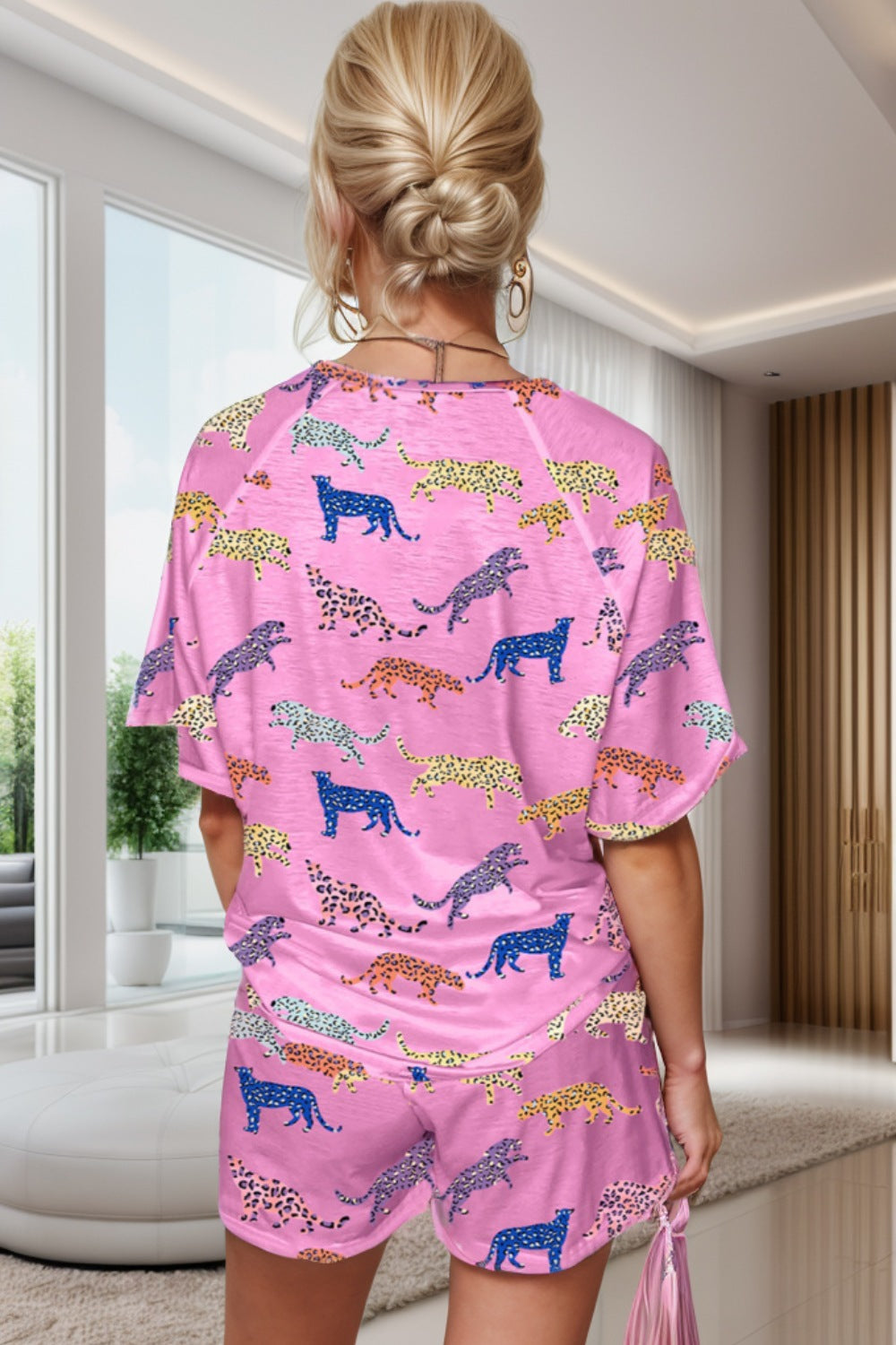 Animal Round Neck Top and Shorts Lounge Set - ThingsWeUseAndLove