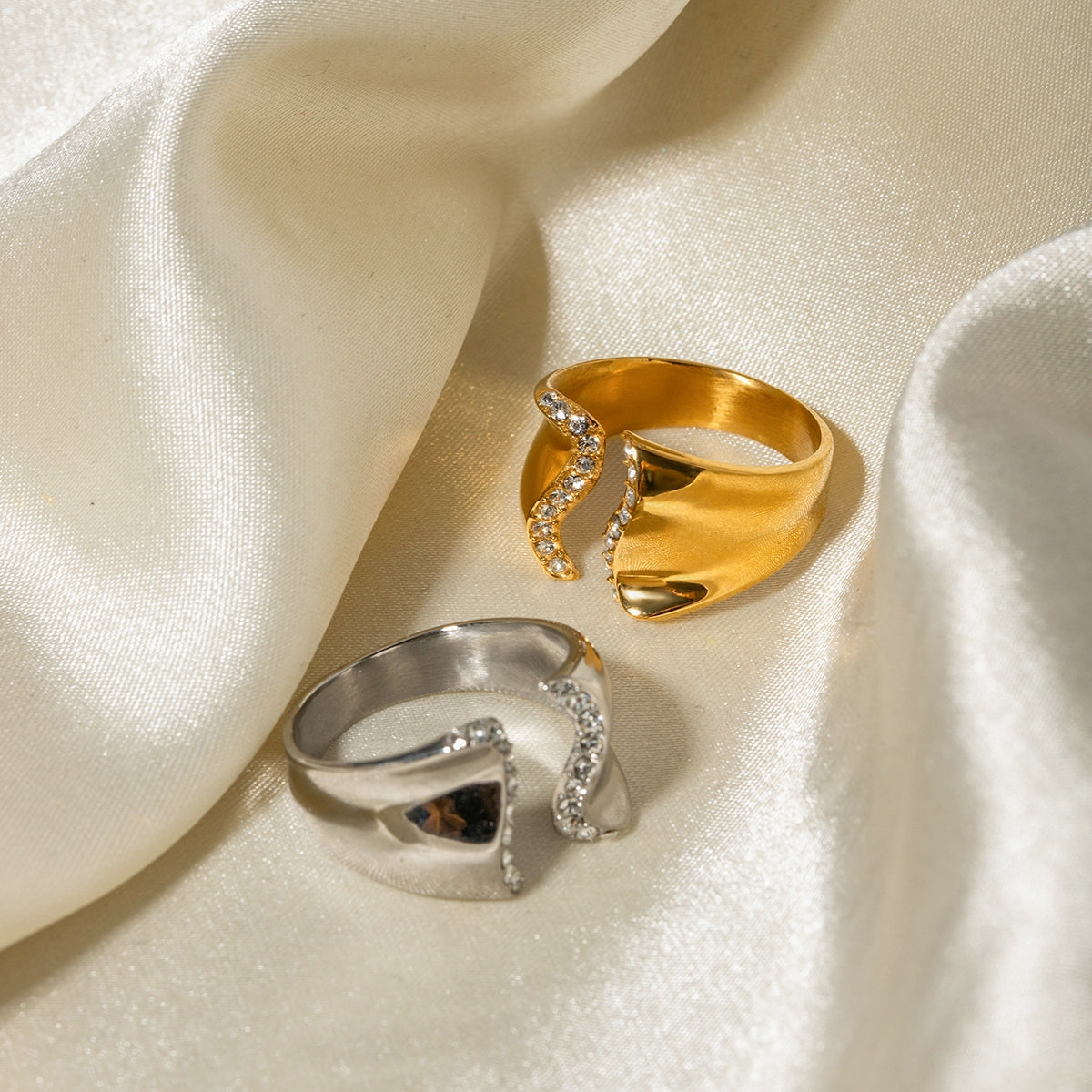 Stainless Steel Inlaid Rhinestone Bypass Ring - ThingsWeUseAndLove