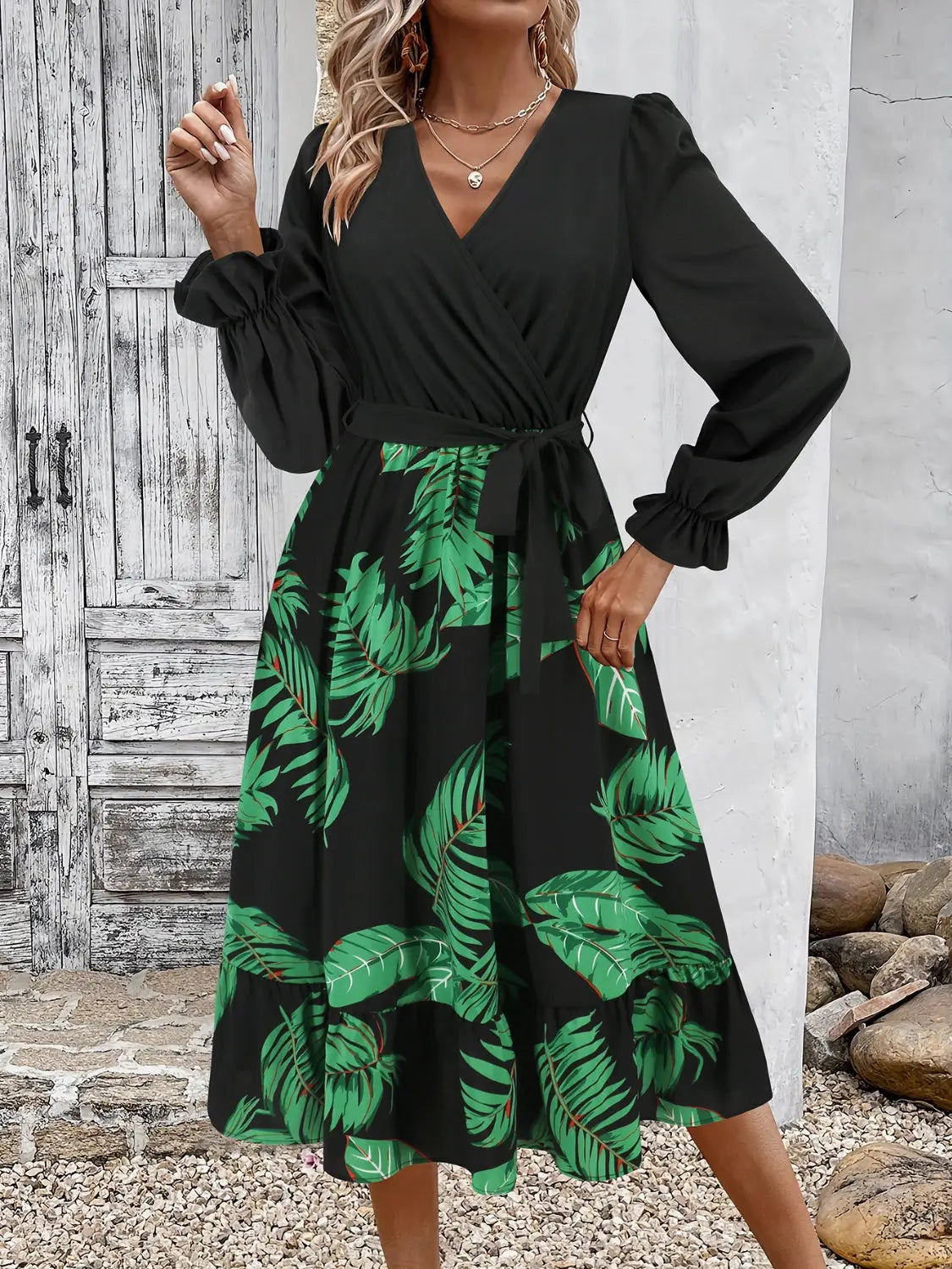 Tied Ruffled Printed Long Sleeve Dress - ThingsWeUseAndLove Dark-Green-2XL