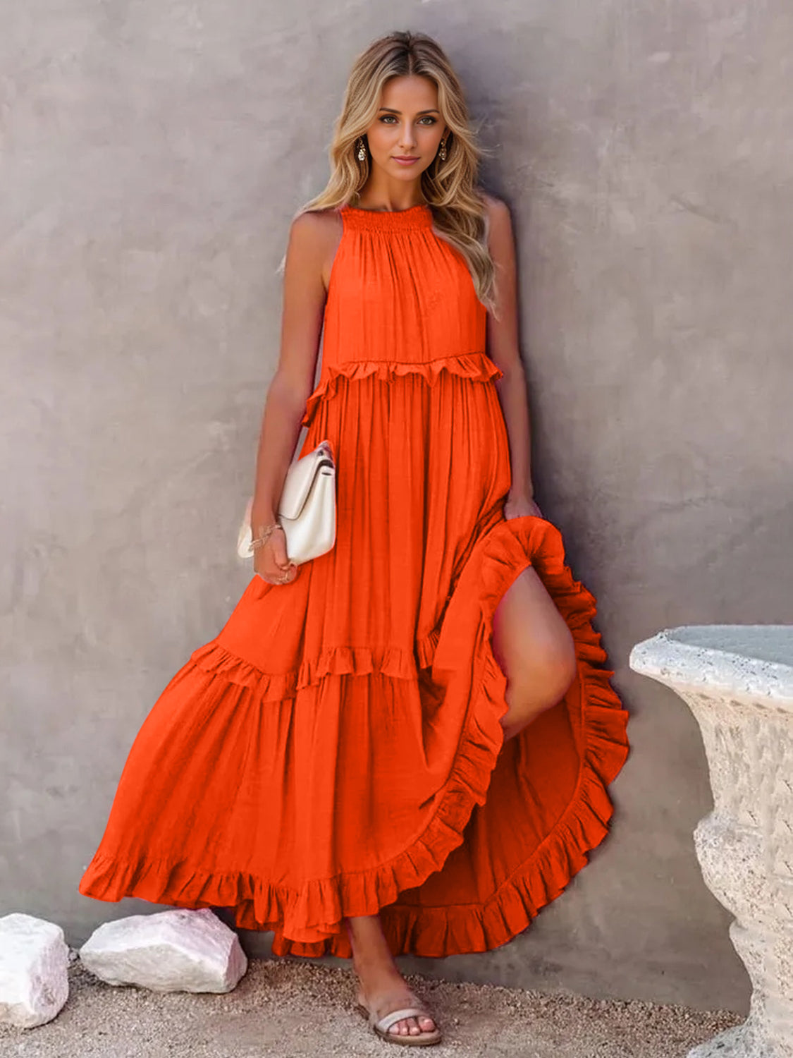 Ruffled Sleeveless Tiered Maxi Dress with Pockets - ThingsWeUseAndLove Orange-Red-2XL