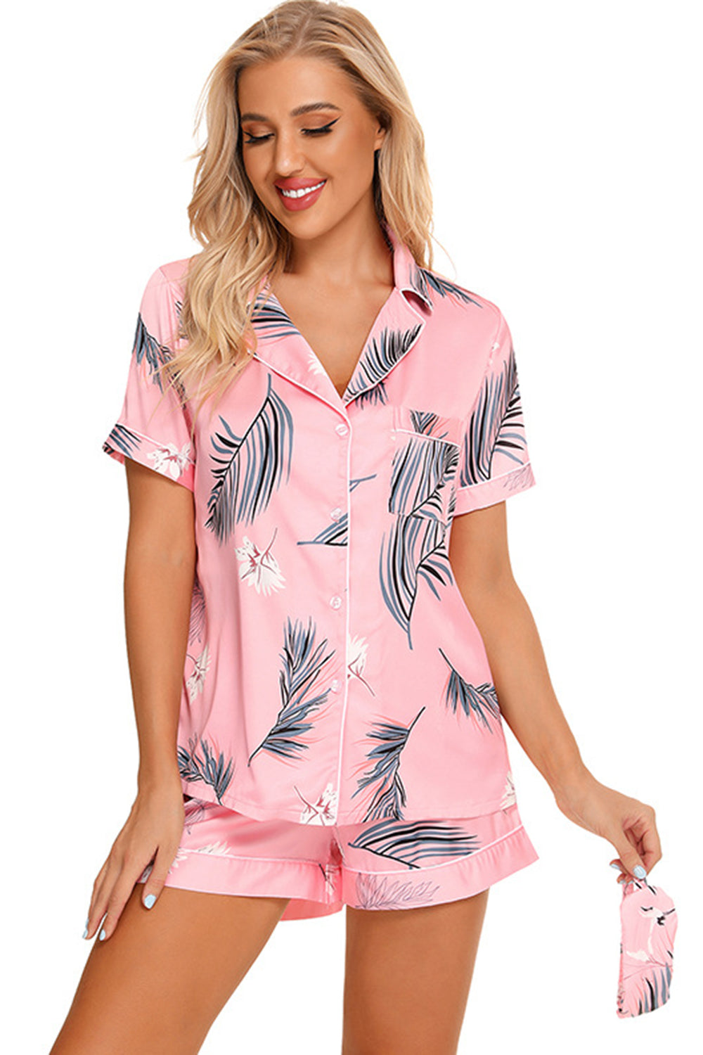 Printed Button Up Short Sleeve Top and Shorts Lounge Set - ThingsWeUseAndLove 