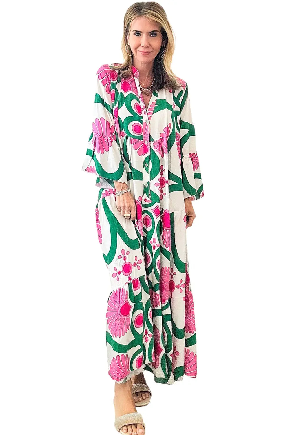 Oversized Pink Boho Abstract Button V Neck  Maxi Dress - ThingsWeUseAndLove 