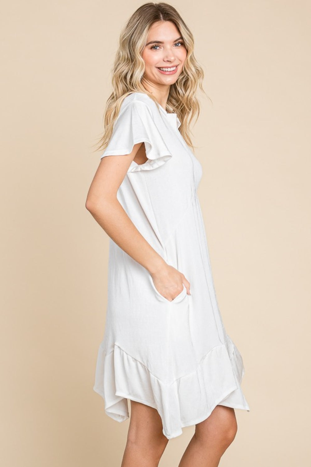 Simple Elegant White Short Sleeve Ruffled Asymmetric Hem Dress - ThingsWeUseAndLove 