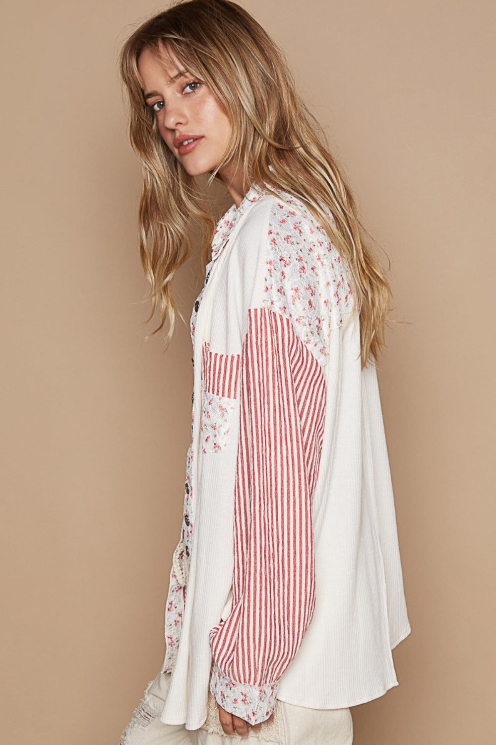 Candy Stripe Sleeve Embroidered Print Patch Pocket Shirt - ThingsWeUseAndLove 