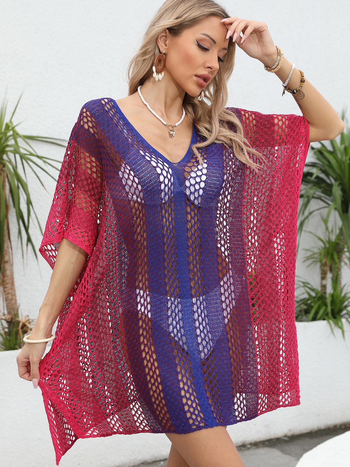 Salomi Openwork Contrast V-Neck Cover-Up - ThingsWeUseAndLove 