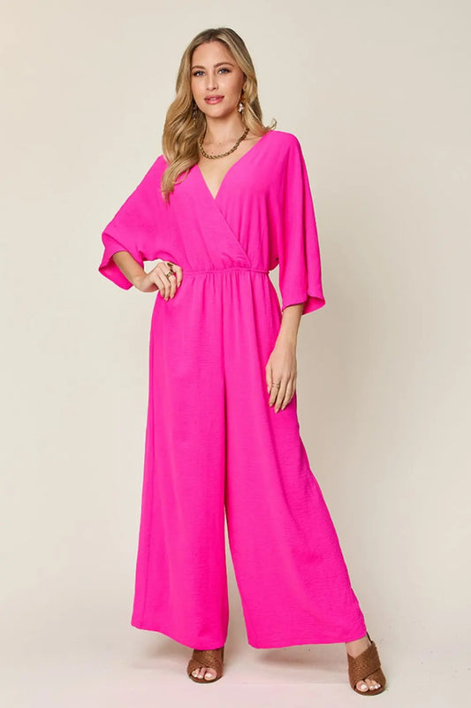 Size Inclusive Surplice Wide Leg Jumpsuit with Pockets - ThingsWeUseAndLove Hot-Pink-3XL