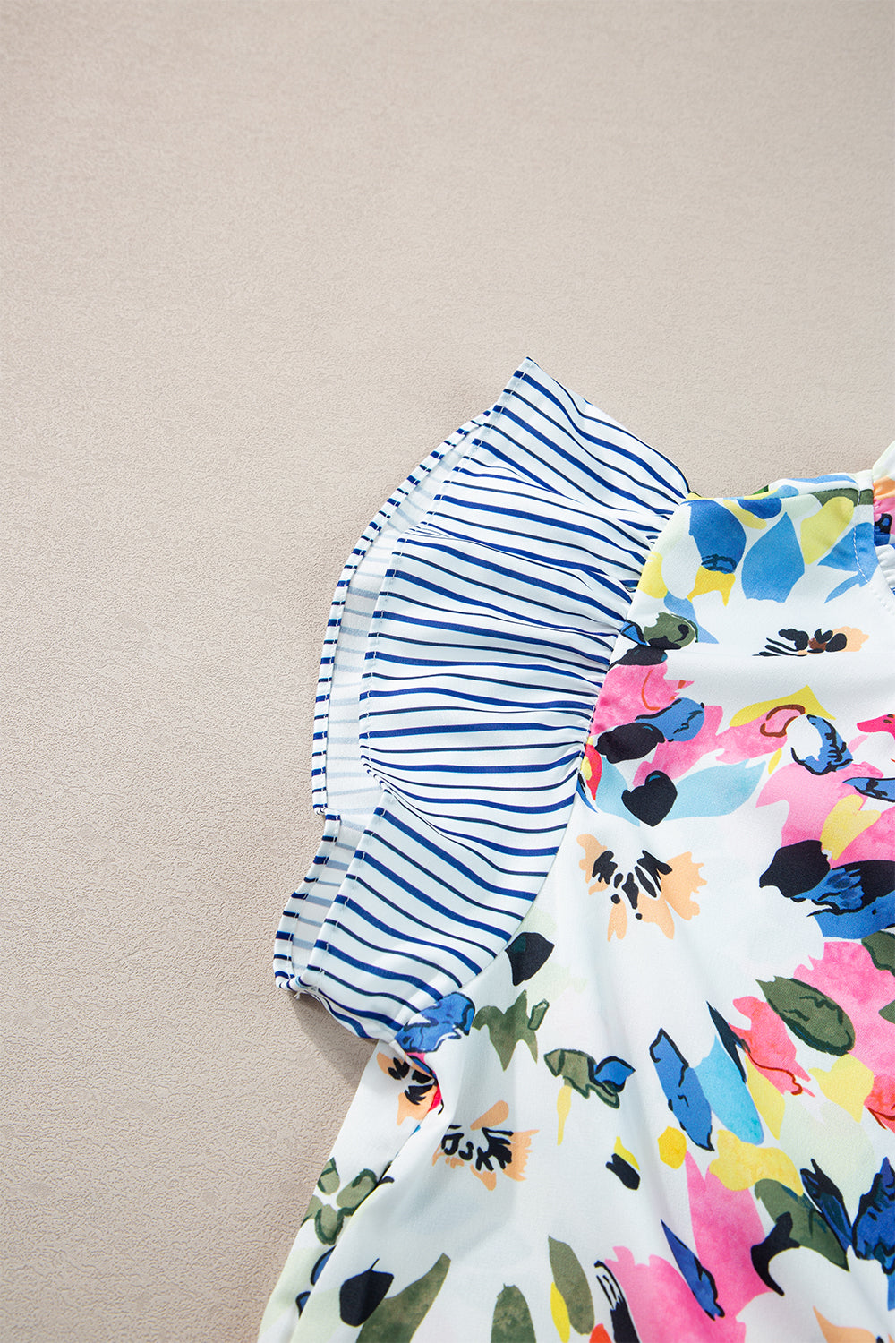 Light Blue Floral Print Striped Ruffled Sleeve Blouse - ThingsWeUseAndLove 