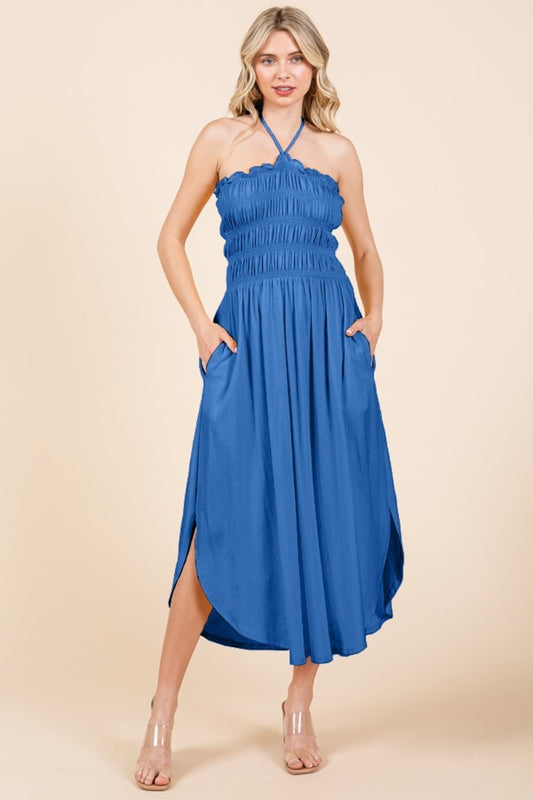 Tie Back Blue Shirring Dress with Pockets - ThingsWeUseAndLove Blue-XL