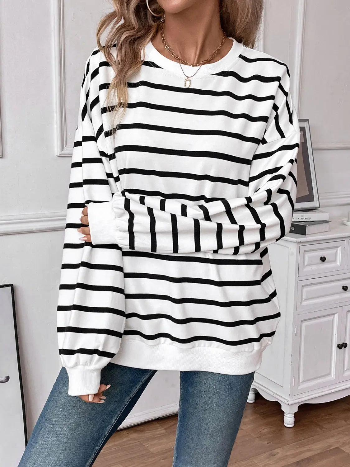 Leslie Striped Round Neck Long Sleeve Sweatshirt - ThingsWeUseAndLove 