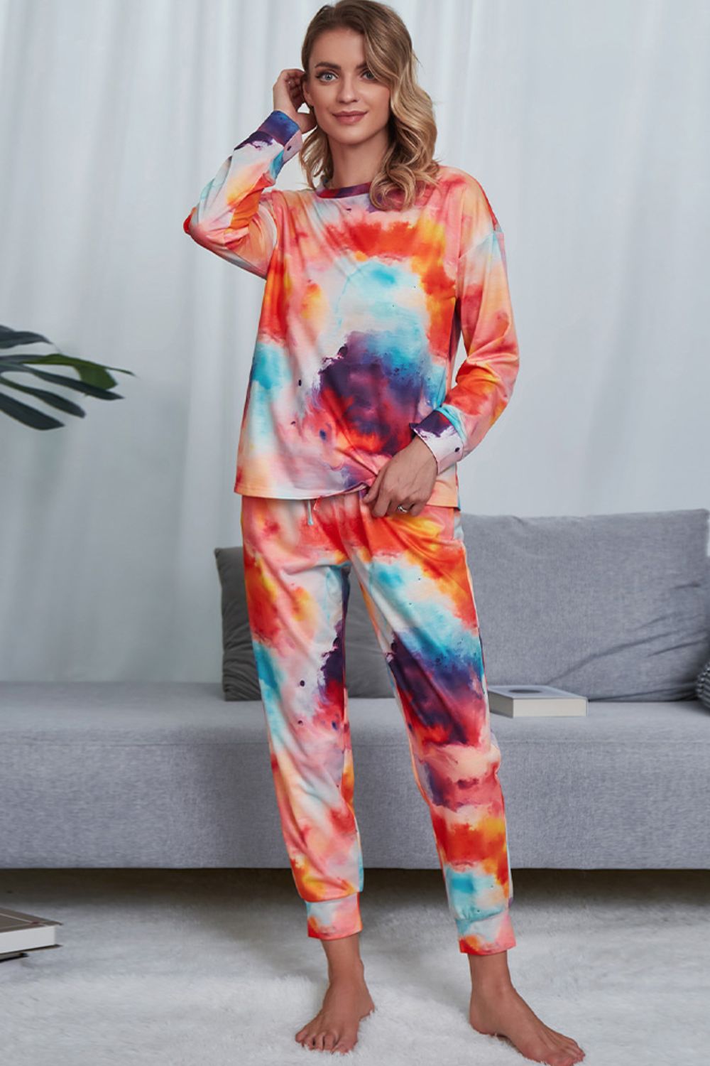 Tie-Dye Crewneck Top and Drawstring Waist Joggers Lounge Set - ThingsWeUseAndLove Orange-XL