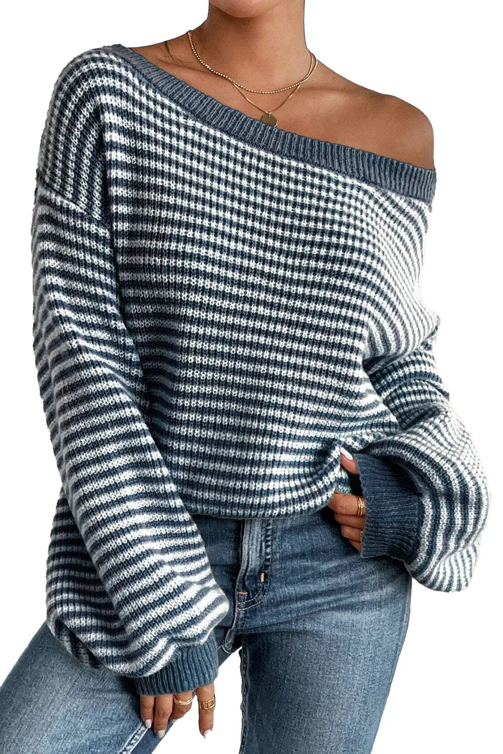 Sail Blue Striped Drop Shoulder Lantern Sleeve Sweater - ThingsWeUseAndLove 