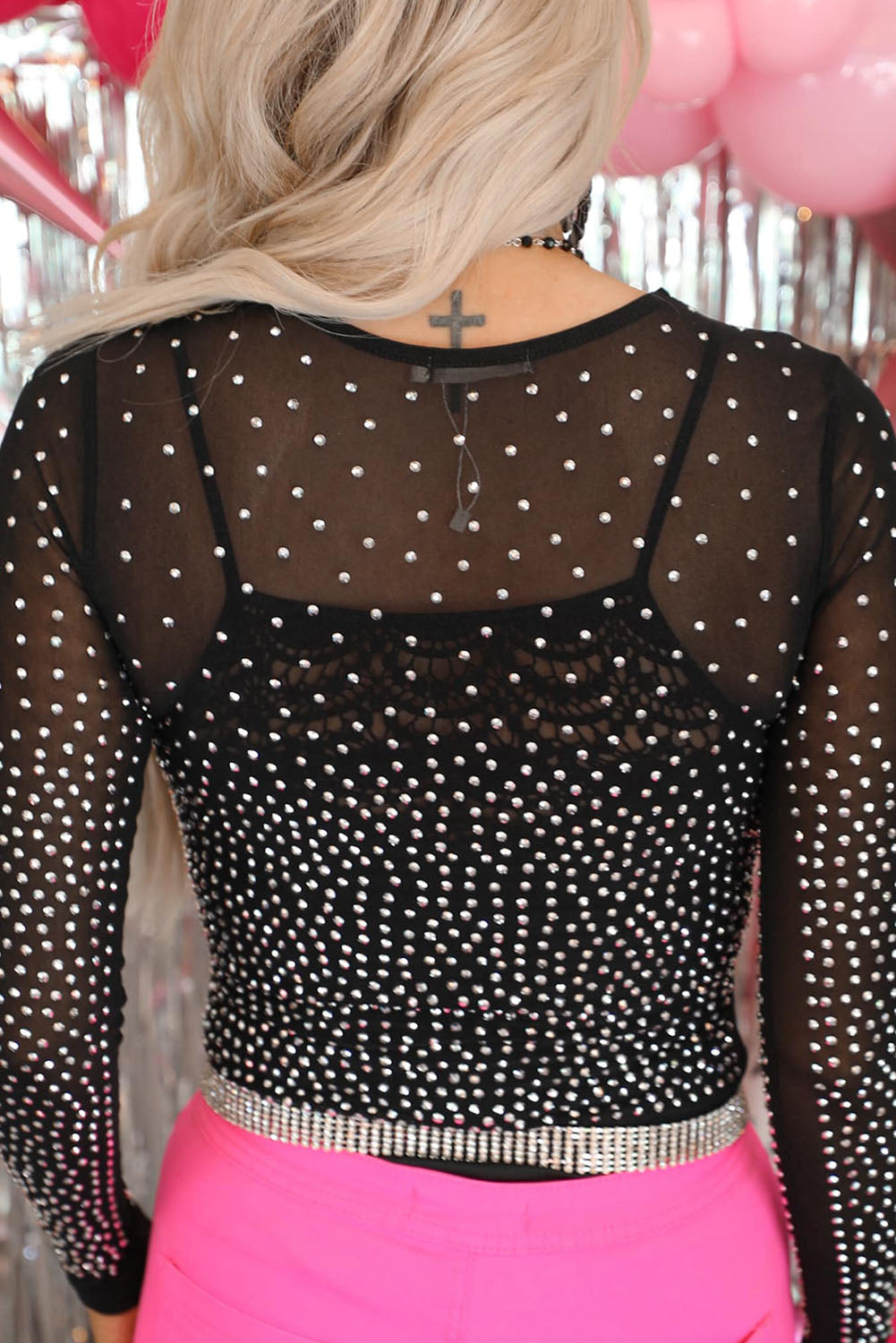 Black Rhinestone Embellished Mesh Long Sleeve Bodysuit - ThingsWeUseAndLove 