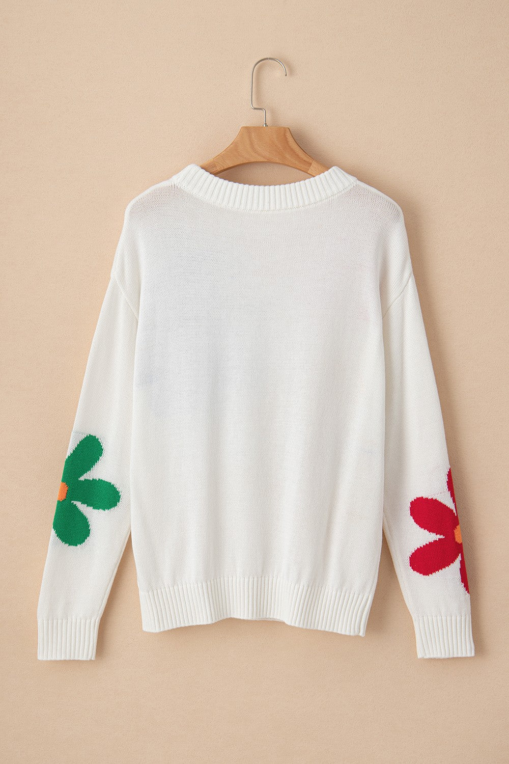 Evelyn Flower Round Neck Dropped Shoulder Sweater - ThingsWeUseAndLove 