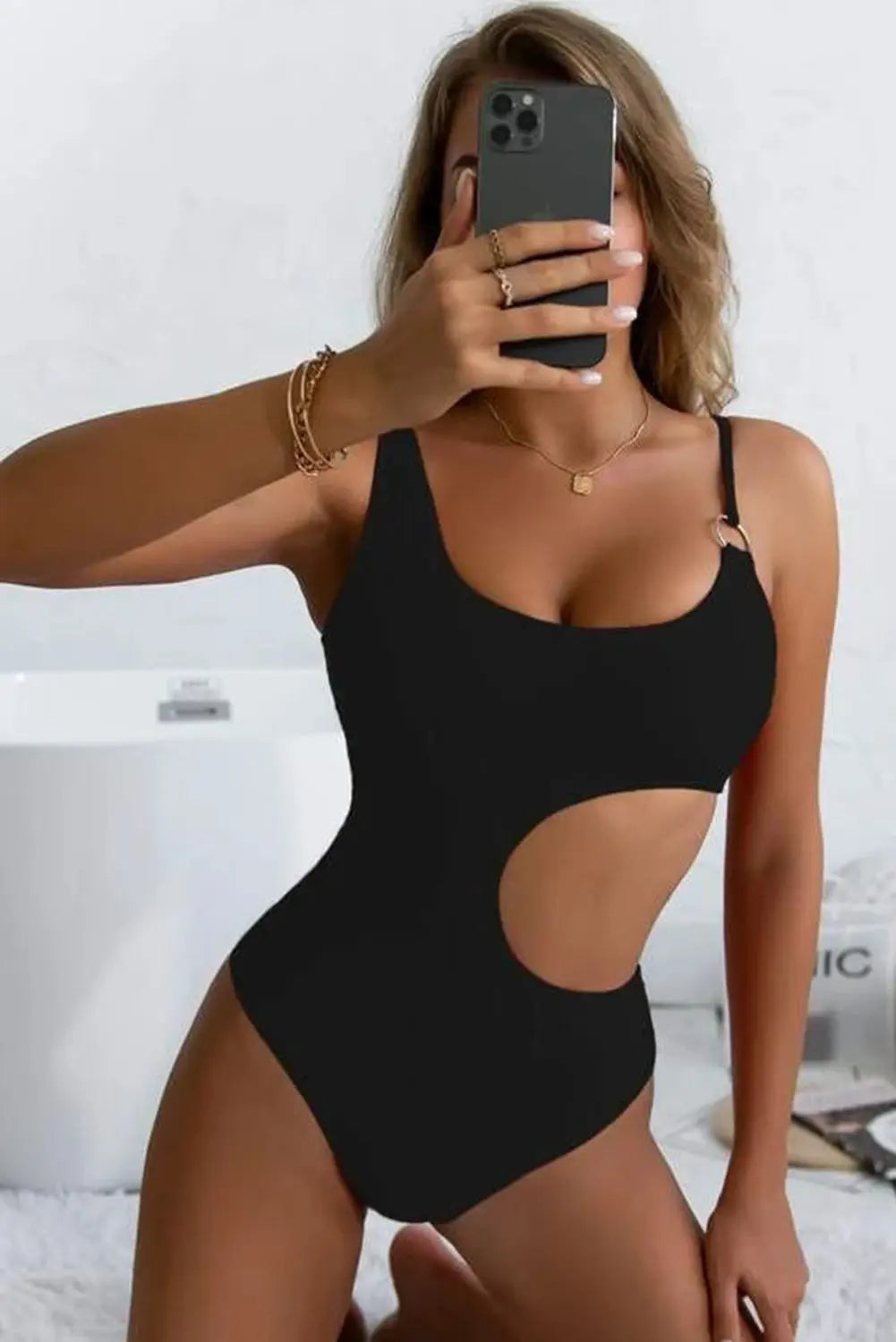 Black Cut Out Asymmetric Straps One Piece Swimsuit - ThingsWeUseAndLove 