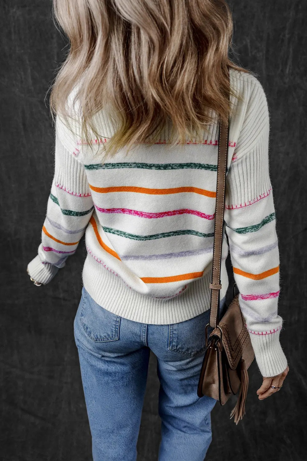 Sadie Striped Round Neck Dropped Shoulder Sweater - ThingsWeUseAndLove 