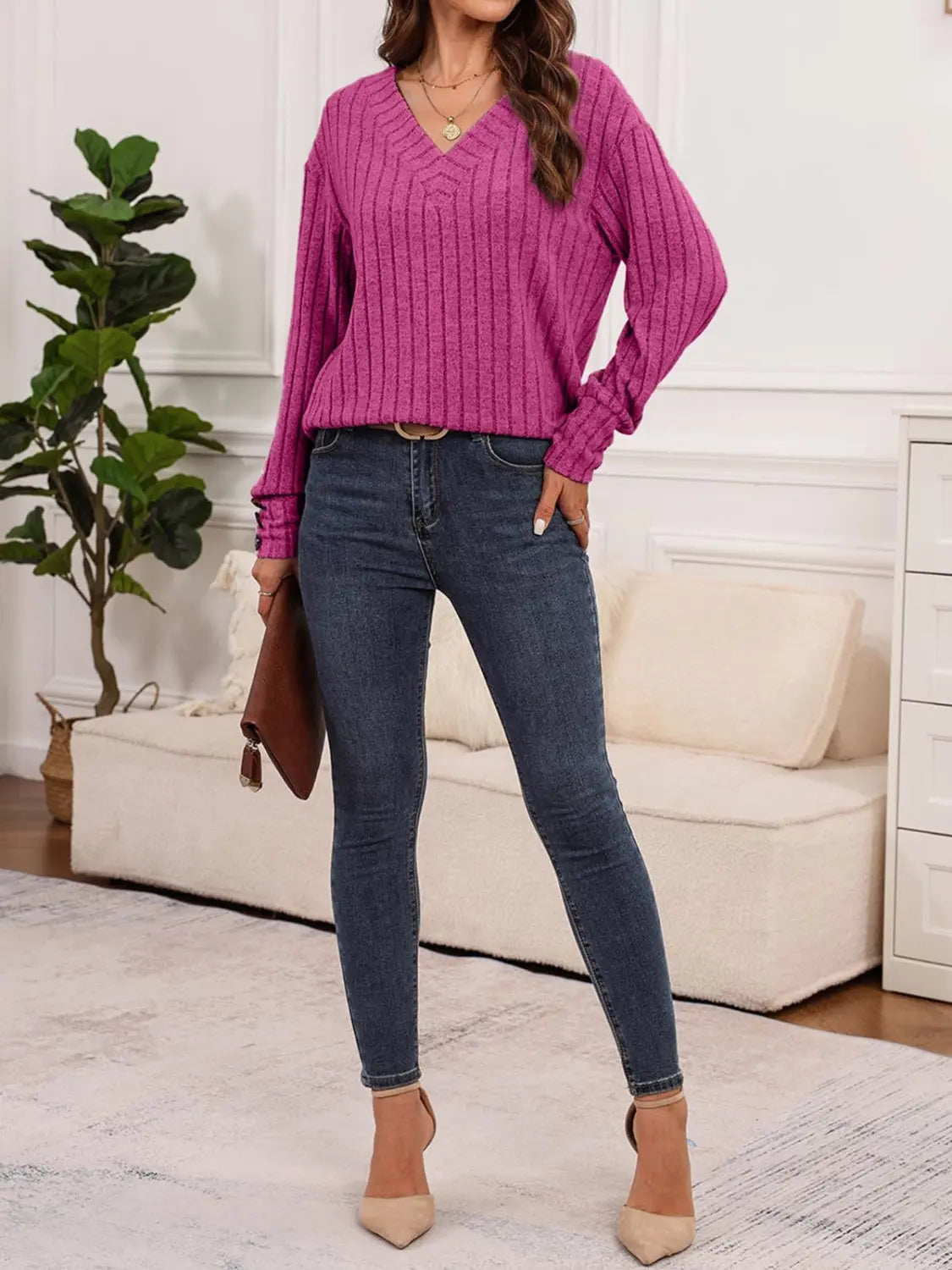 Ribbed V-Neck Long Sleeve T-Shirt - ThingsWeUseAndLove 