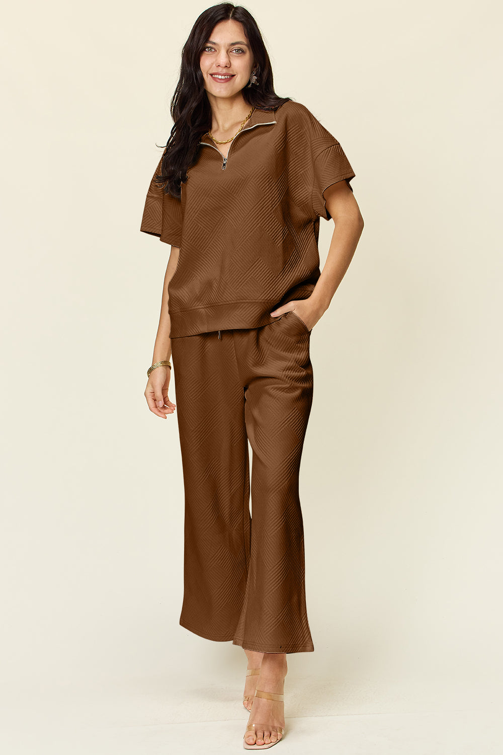 Texture Half Zip Short Sleeve Top and Pants Set - ThingsWeUseAndLove Mocha-3XL