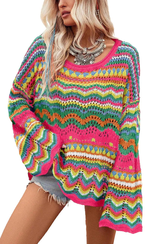 Rose Red Colorblock Striped Hollowed Knit Loose Sweater - ThingsWeUseAndLove 