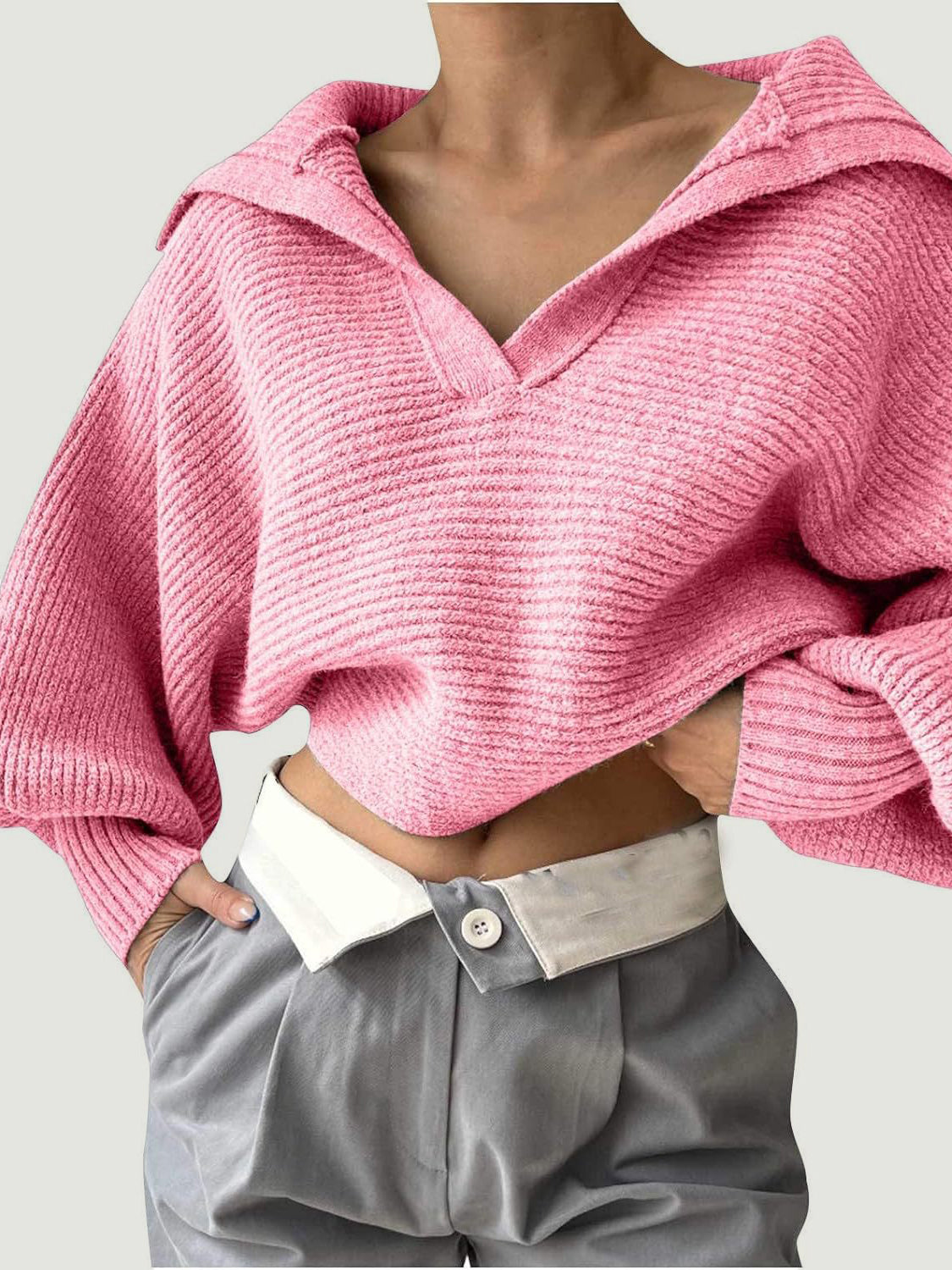 Johnny Collar Long Sleeve Sweater - ThingsWeUseAndLove Pink-XL