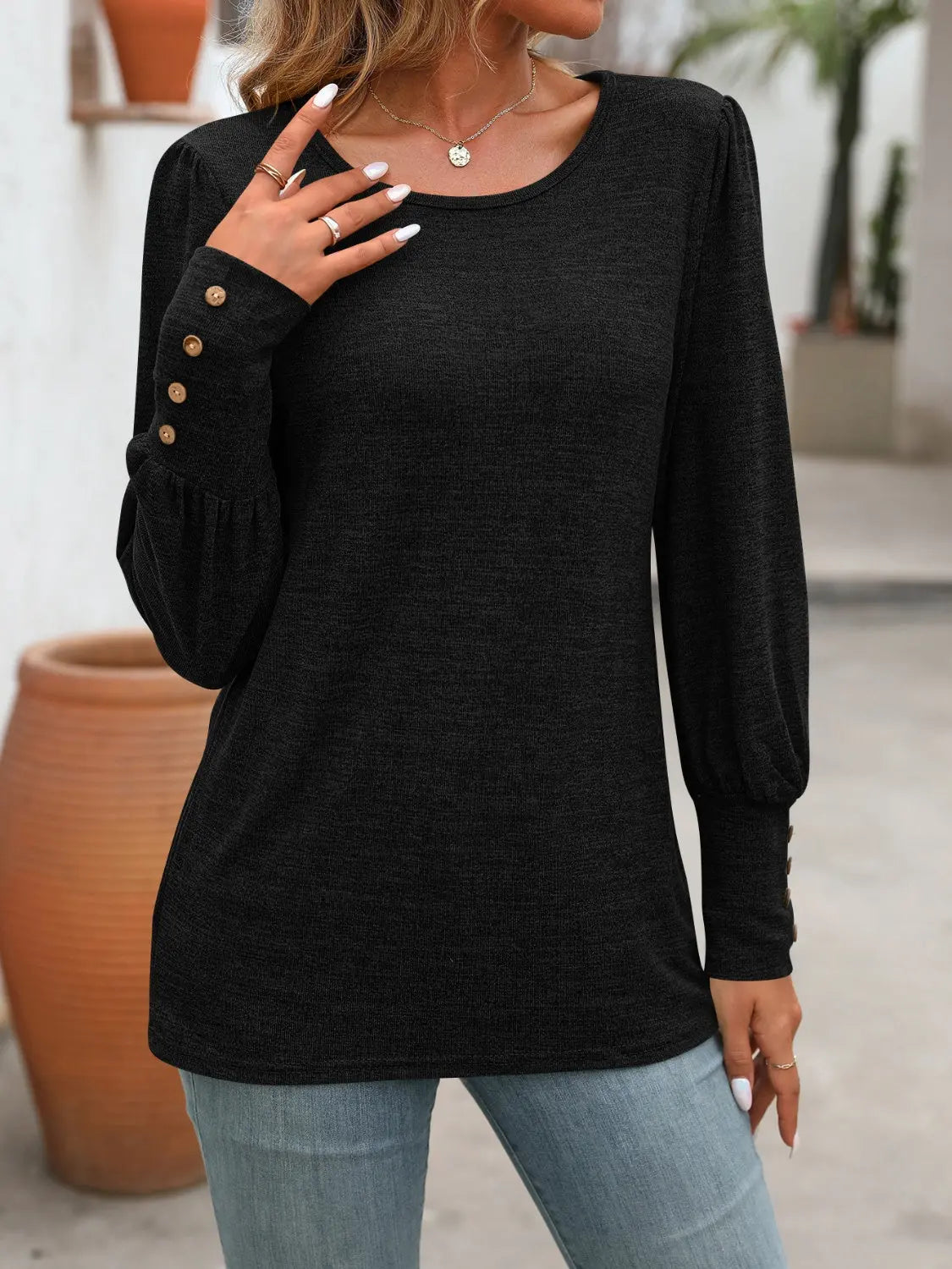 Decorative Button Round Neck Long Sleeve T-Shirt - ThingsWeUseAndLove 