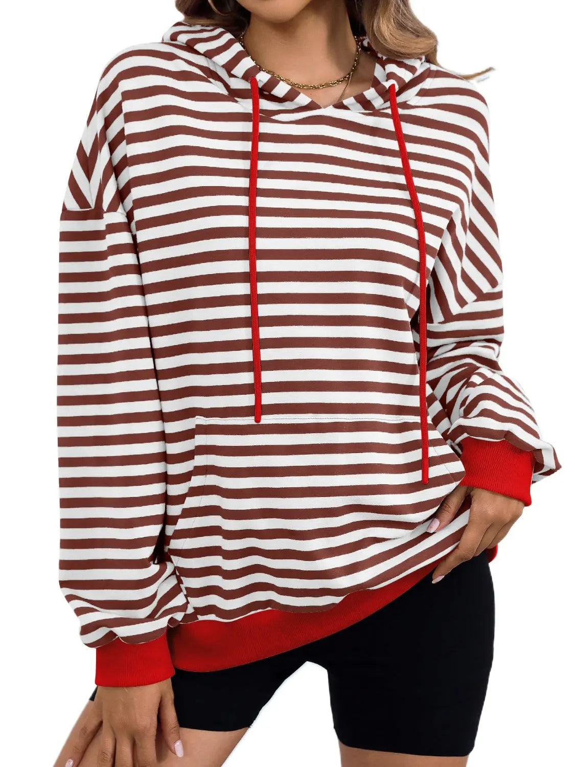 Drawstring Striped Long Sleeve Hoodie - ThingsWeUseAndLove Dark-Brown-XL