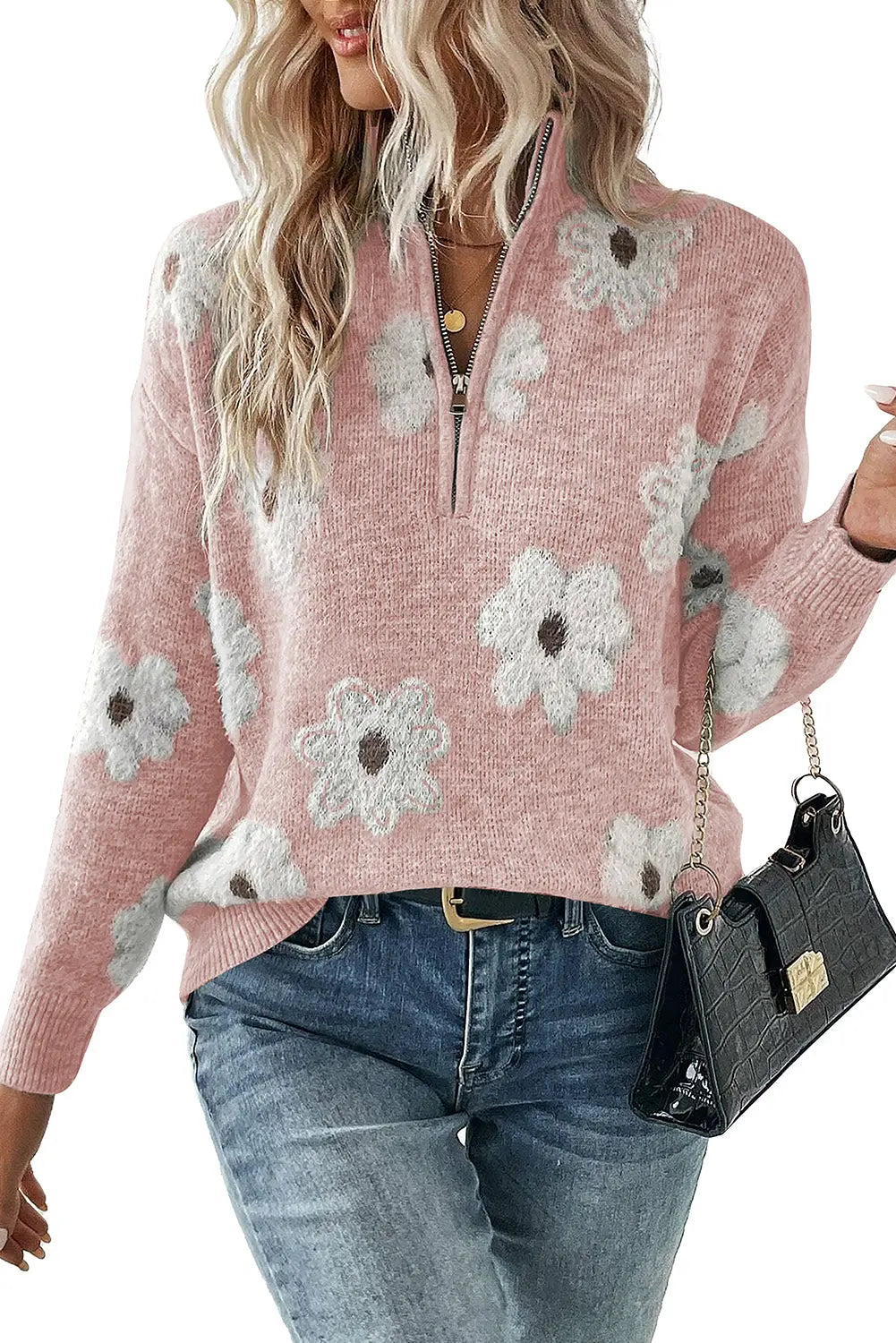 Pink Vintage 60s Floral Pattern Half Zip Collar Drop Shoulder Sweater - ThingsWeUseAndLove 