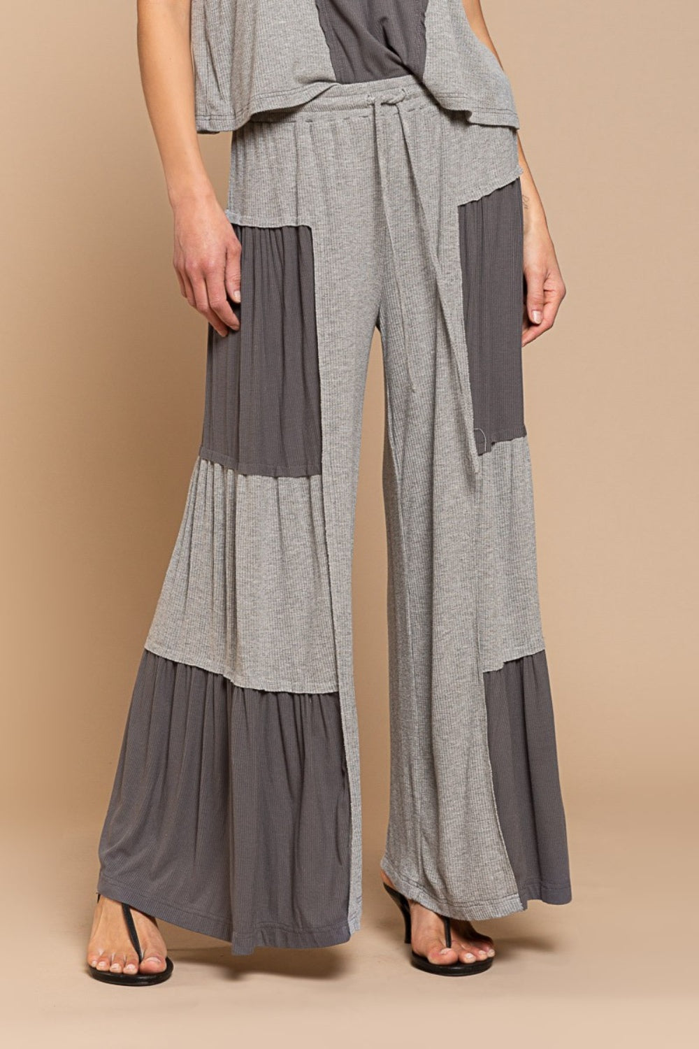 Charcoal & Ash  Ribbed Contrast Wide Leg Pants - ThingsWeUseAndLove Grey-L