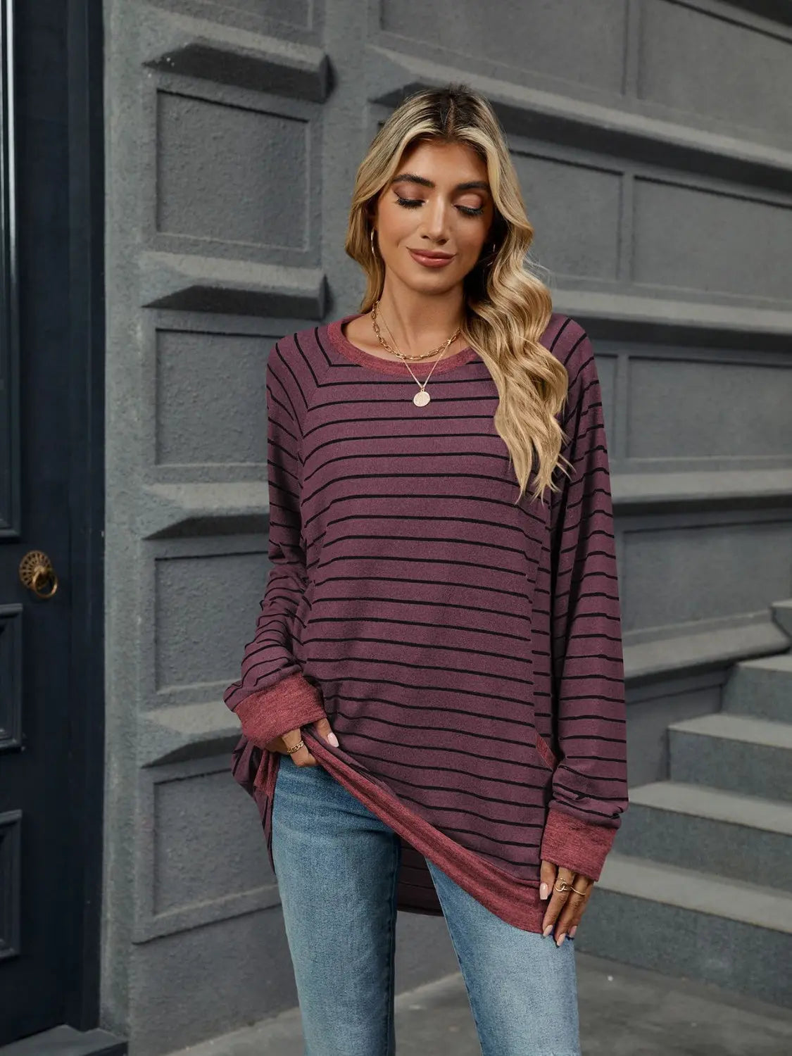 Round Neck Long Sleeve Pocketed Striped Sweater - ThingsWeUseAndLove Plum-2XL