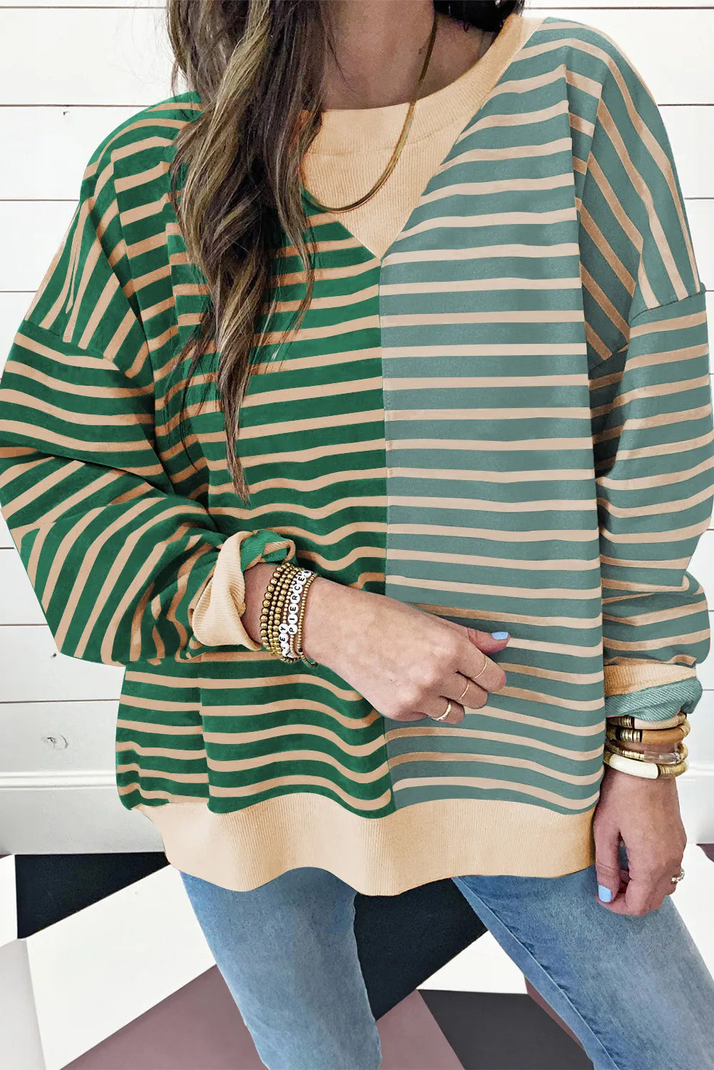 Wistar Contrast Stripes Round Neck Long Sleeve Sweatshirt - ThingsWeUseAndLove Dark-Green-2XL