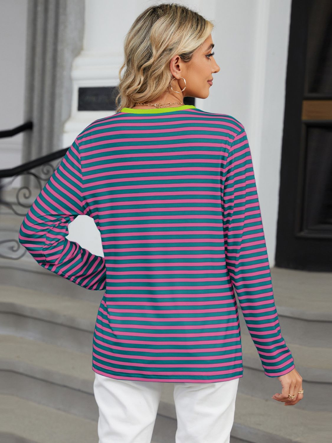 Liza Striped Notched Long Sleeve T-Shirt - ThingsWeUseAndLove 