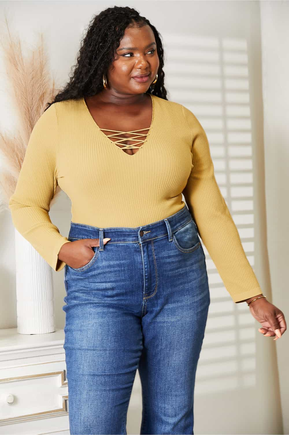 Yellow Criss Cross detail Ribbed Bodysuit - ThingsWeUseAndLove