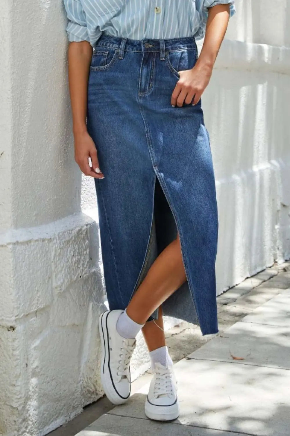 Slit Raw Hem Midi Denim Skirt - ThingsWeUseAndLove 