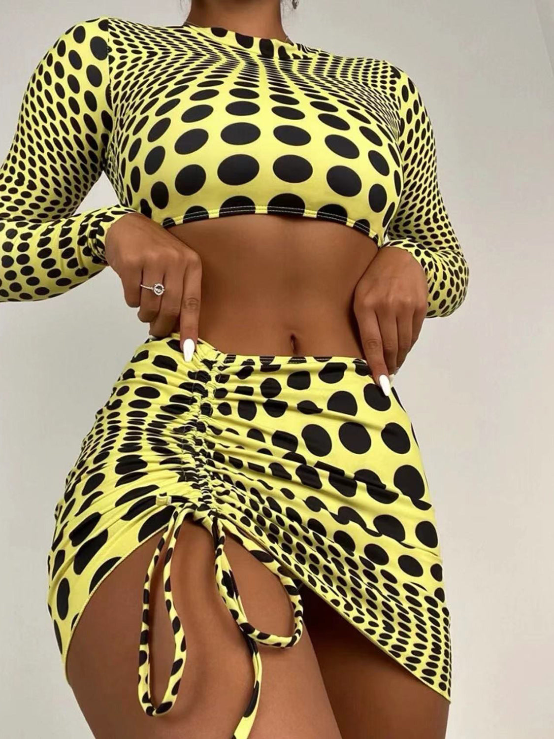 Polka Dot Long Sleeve Three-Piece Swim Set - ThingsWeUseAndLove Light-Yellow-L 35.00