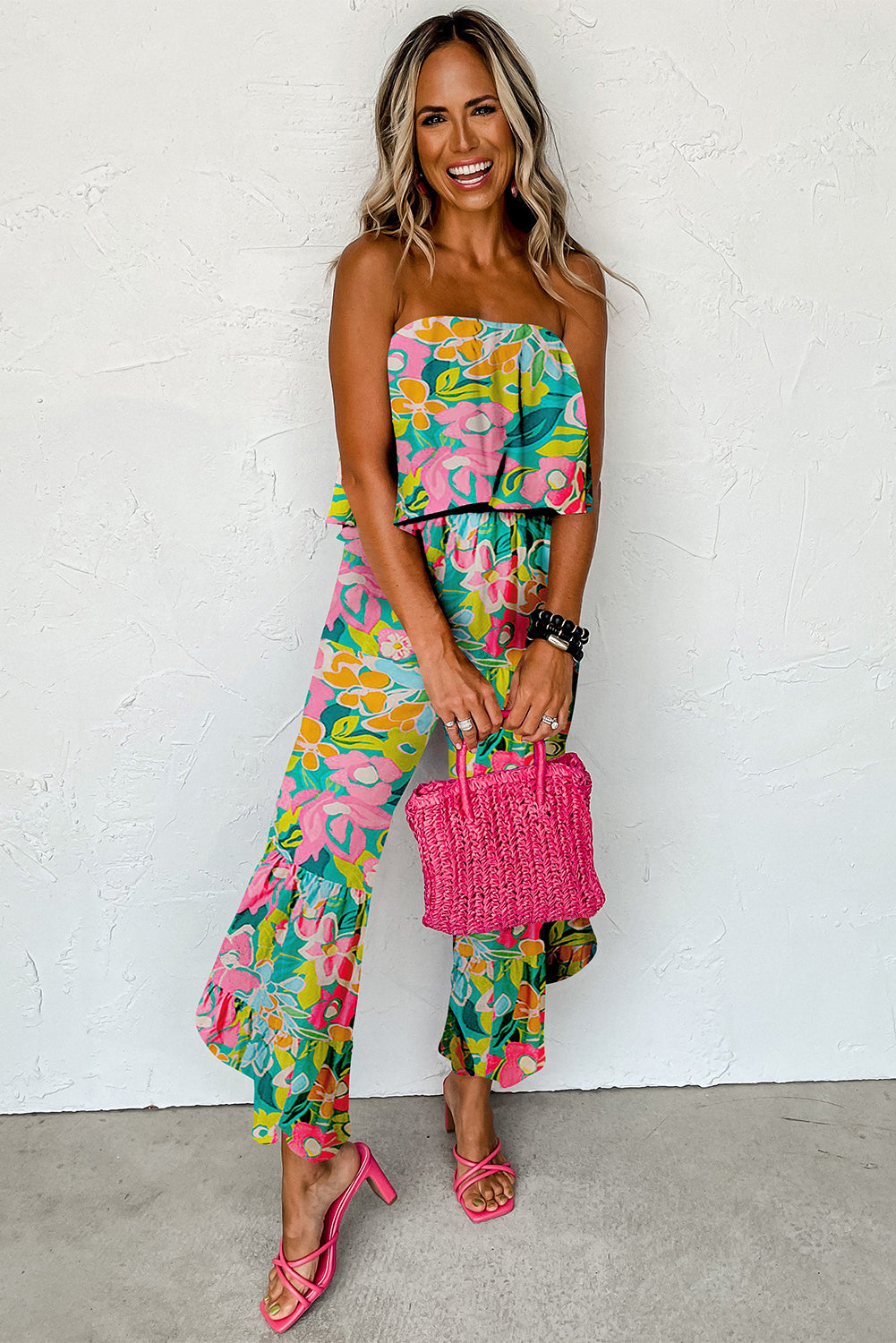 Tropical Print Strapless Ruffle Jumpsuit - ThingsWeUseAndLove 