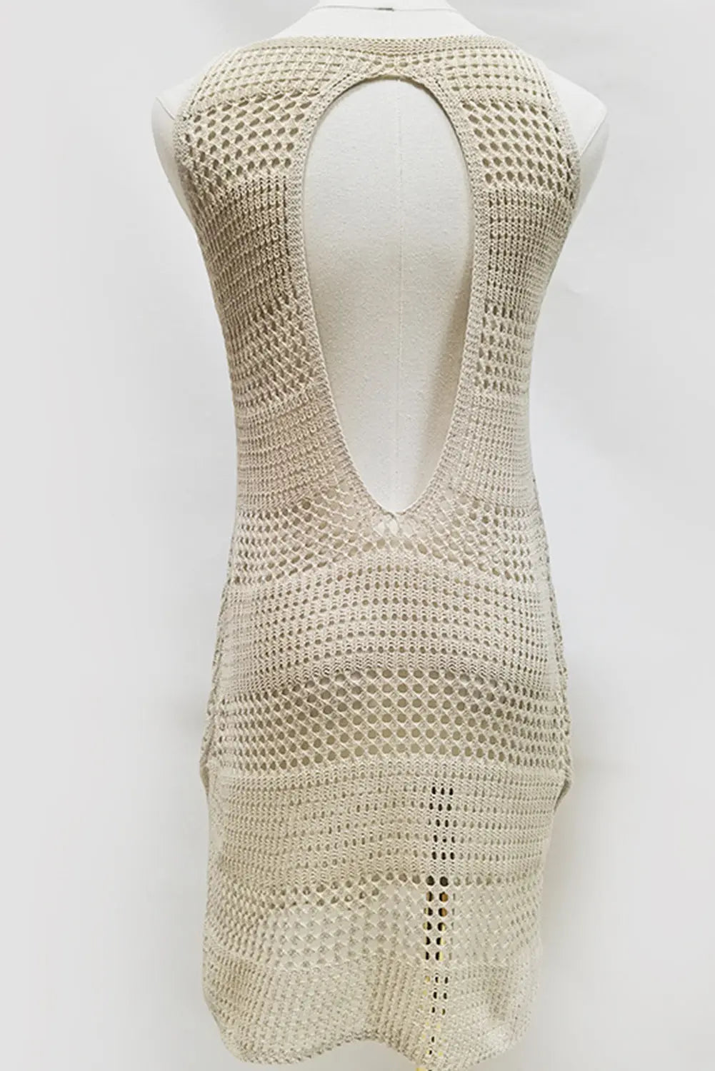 Sleeveless Beige Open Back Hollowed Knit  Beach Cover Up - ThingsWeUseAndLove 