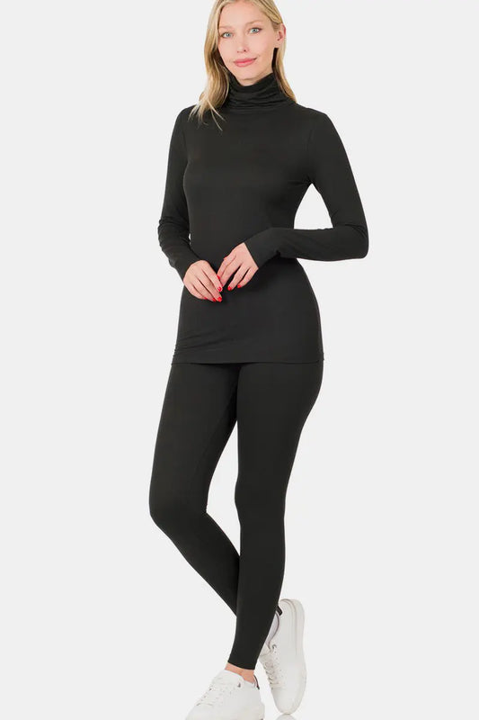 Turtleneck Top and Leggings Lounge Set - ThingsWeUseAndLove Black-3XL