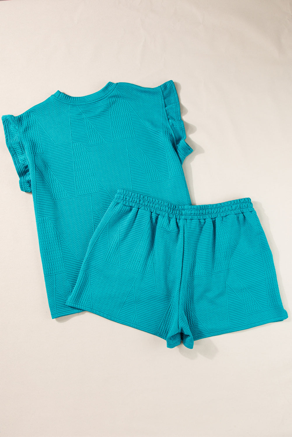 Dark Green Textured Ruffle Split Top and Drawstring Shorts - ThingsWeUseAndLove 