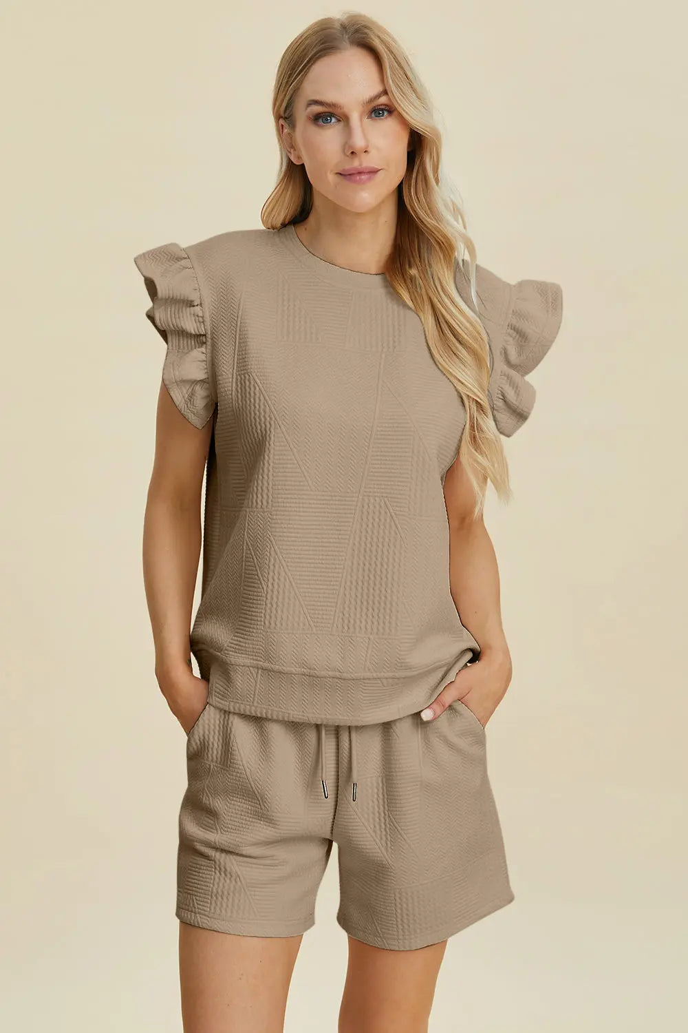 Texture Round Neck Ruffle Sleeve Top and Shorts Set - ThingsWeUseAndLove 