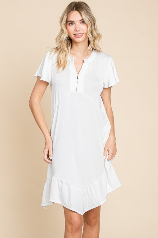 Simple Elegant White Short Sleeve Ruffled Asymmetric Hem Dress - ThingsWeUseAndLove Soft-White-3XL