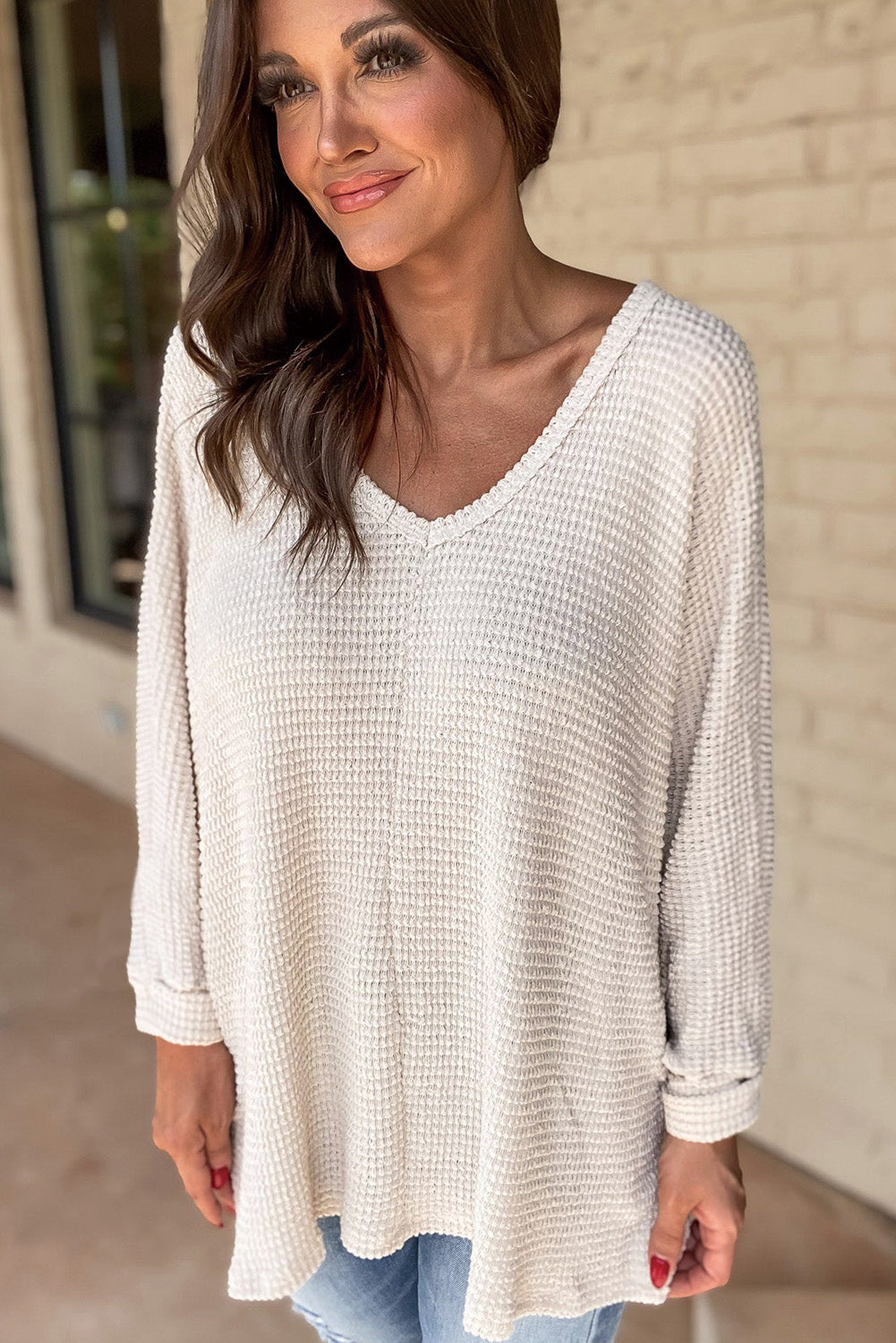 Waffle Knit Side Slits Loose Fit V Neck Top - ThingsWeUseAndLove 