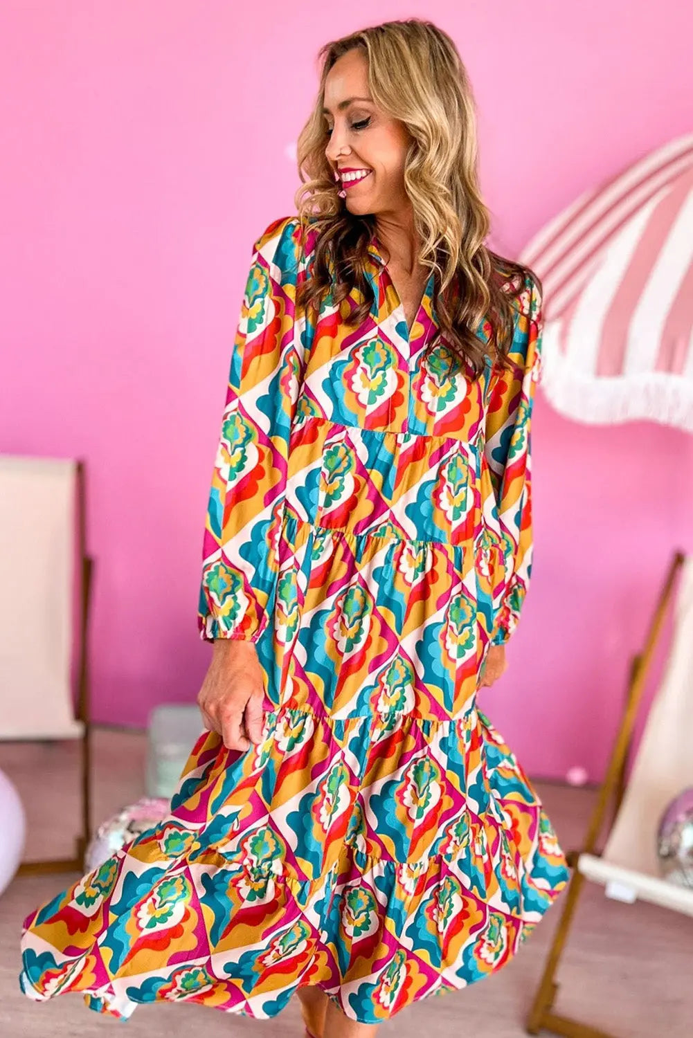 Notch Neck Tiered Multicolor Abstract Geometric Print Boho Dress - ThingsWeUseAndLove 