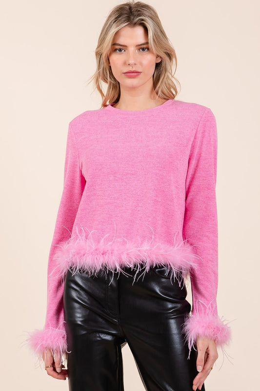 Bubble Gum Pink Feather Trim Long Sleeve Crop Knit Top