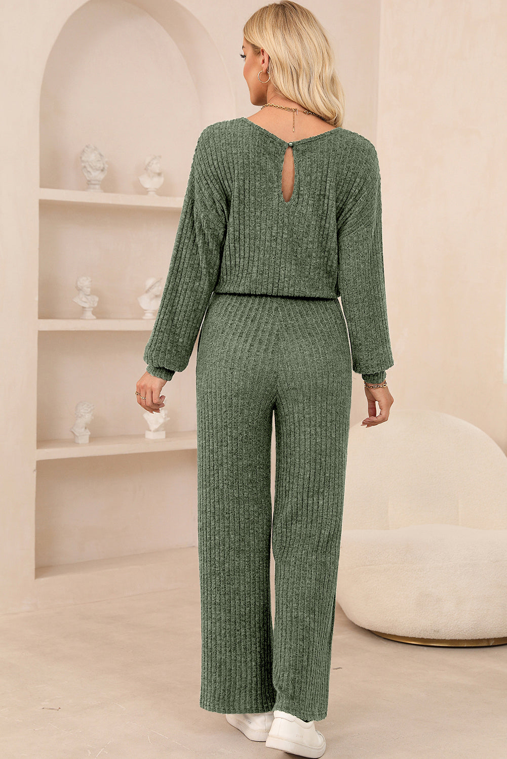 Ribbed Knit Keyhole Back High Waist Jumpsuit - ThingsWeUseAndLove 