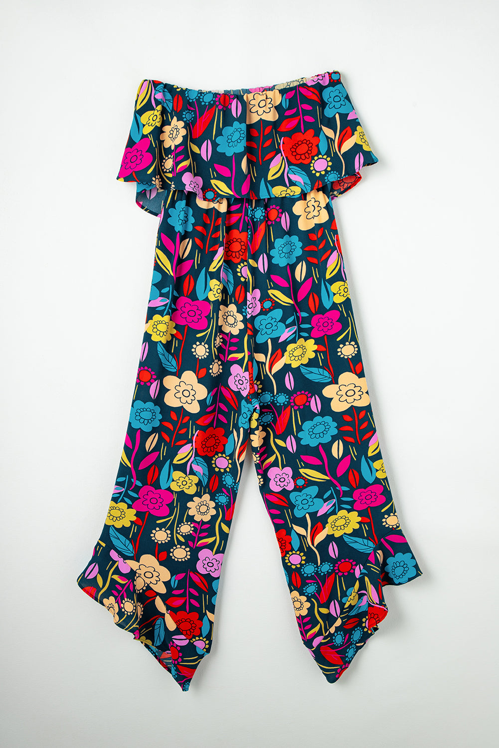 Tropical Print Strapless Ruffle Jumpsuit - ThingsWeUseAndLove 