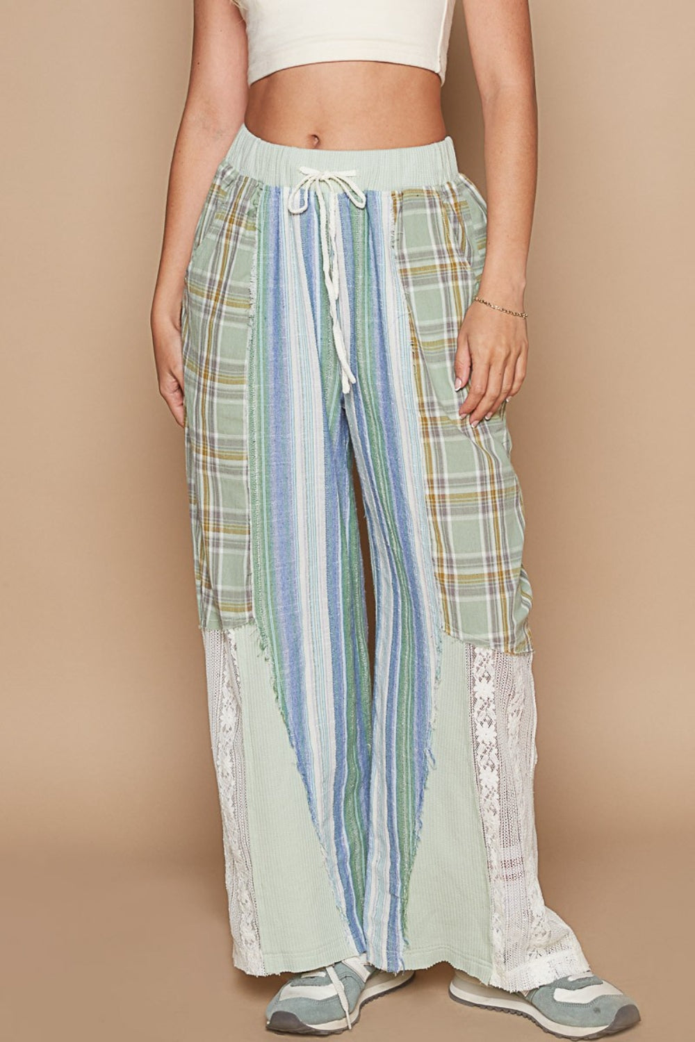 POL Drawstring Plaid Print Lace Straight Pants - ThingsWeUseAndLove Light-Green-Multi-L