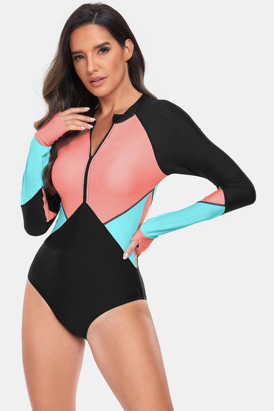 Bree Half Zip Long Sleeve Color Block One-Piece Swimwear - ThingsWeUseAndLove 