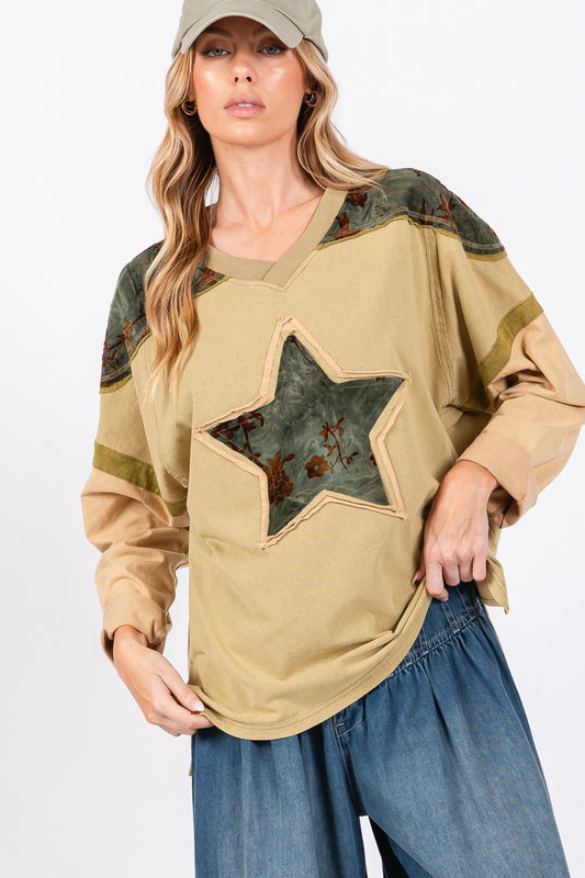 Star Patch Long Sleeve Color Block T-Shirt - ThingsWeUseAndLove Olive-L