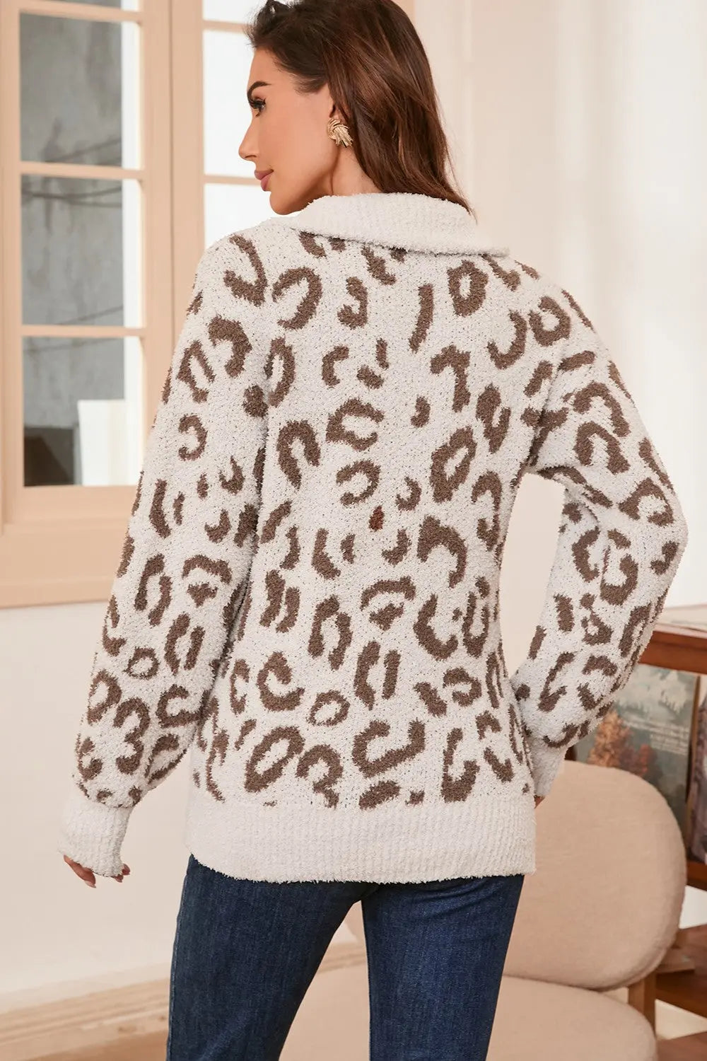 Long Sleeve Leopard Half Zip Sweater - ThingsWeUseAndLove 