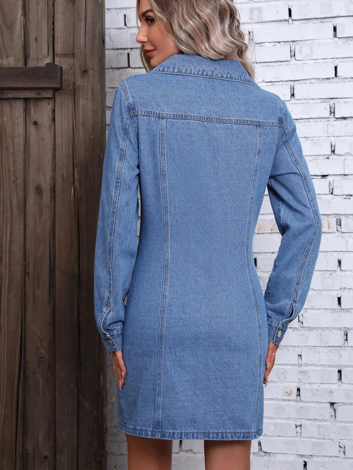 Drew Ruched Button Up Long Sleeve Denim Dress - ThingsWeUseAndLove 